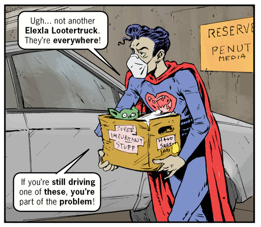 Comic strip of Superman complaining about Tesla clone Elexla Lootertruck and holding a box labeled 'Super Important Stuff'
