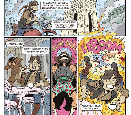 Cartoon page of The Walking Dead: Daryl Dixon parody with Islamic bomber setting off bomb yells "allahu akbar"
