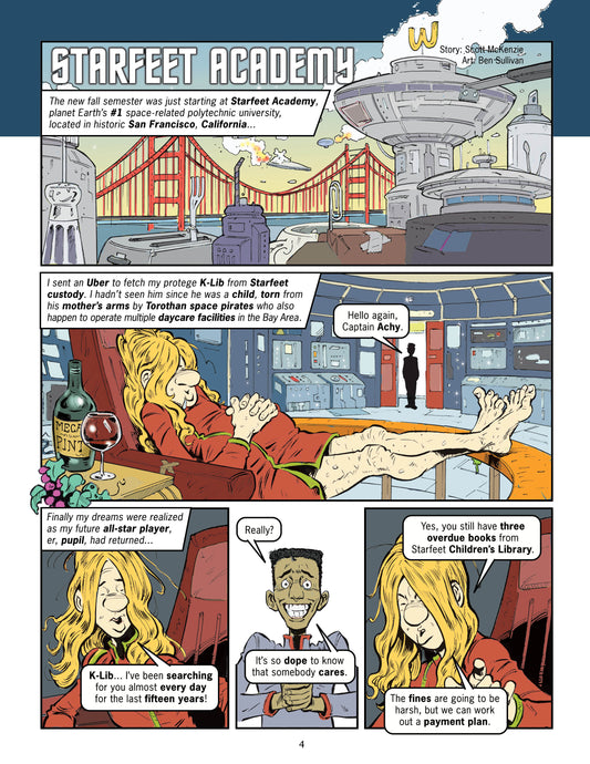 A full-page comic strip panel from Starfleet Academy, showing a school scene with a large dome building, classrooms, and a classroom interaction between a blonde Captain Achy and her student K-Lib
