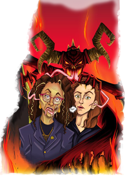 Illustration for feature 'Ruled by Ghouls' with political figures women and a demonic spider