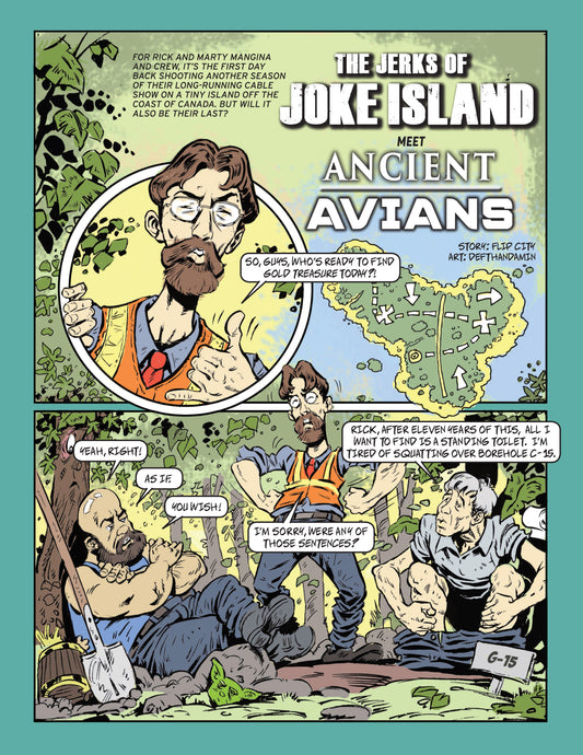 Cartoon magazine page for parody of 'The Curse of Oak Island' with Rick, Jack with a shovel. Craig Tester making a poop over a borehole