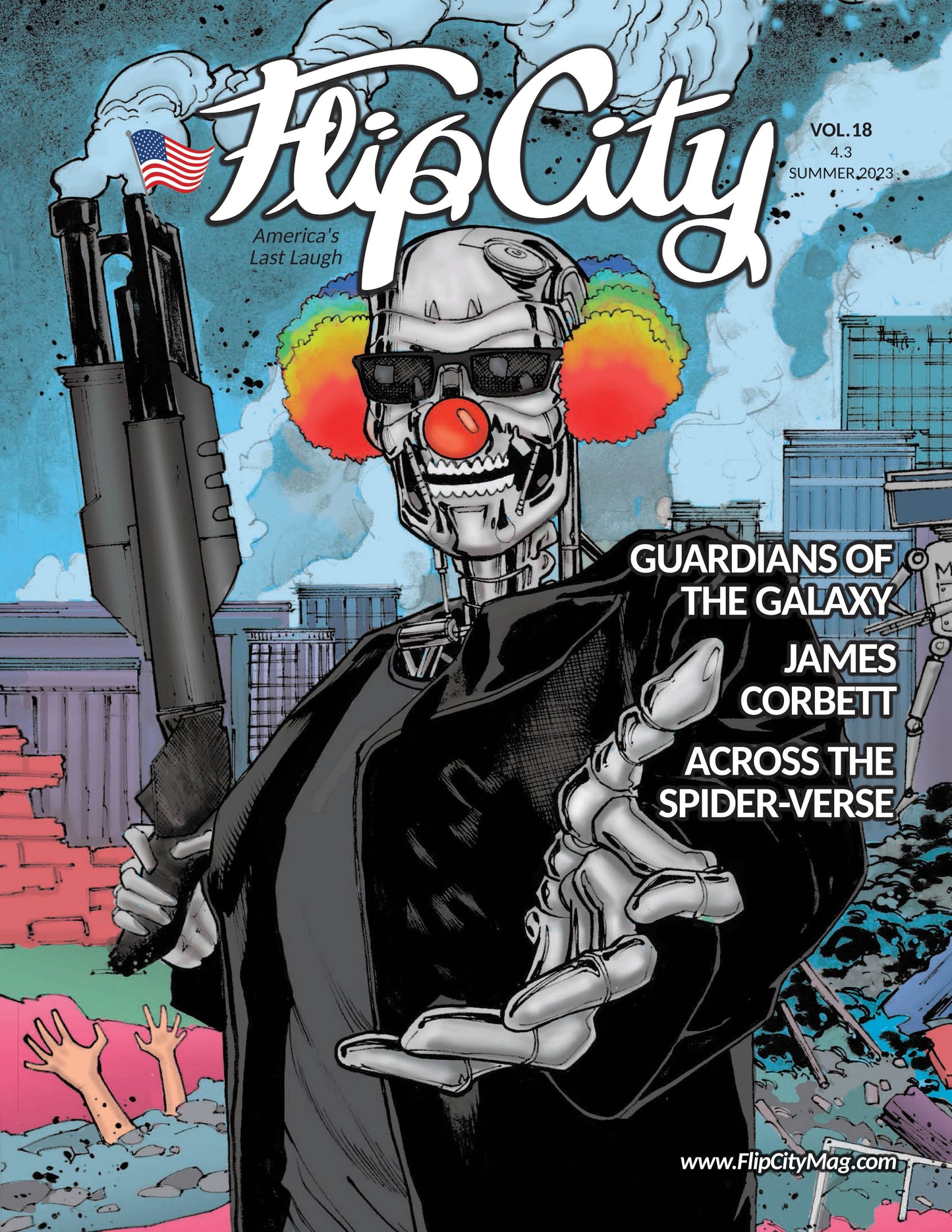 Cover of Flip City Volume 18 featuring a stylized illustration of a Clown Terminator with a gun and colorful hair, alongside a skull wearing sunglasses, titles 'Guardians of the Galazy' 'Across the Spider-Verse', 'James Corbett' interview