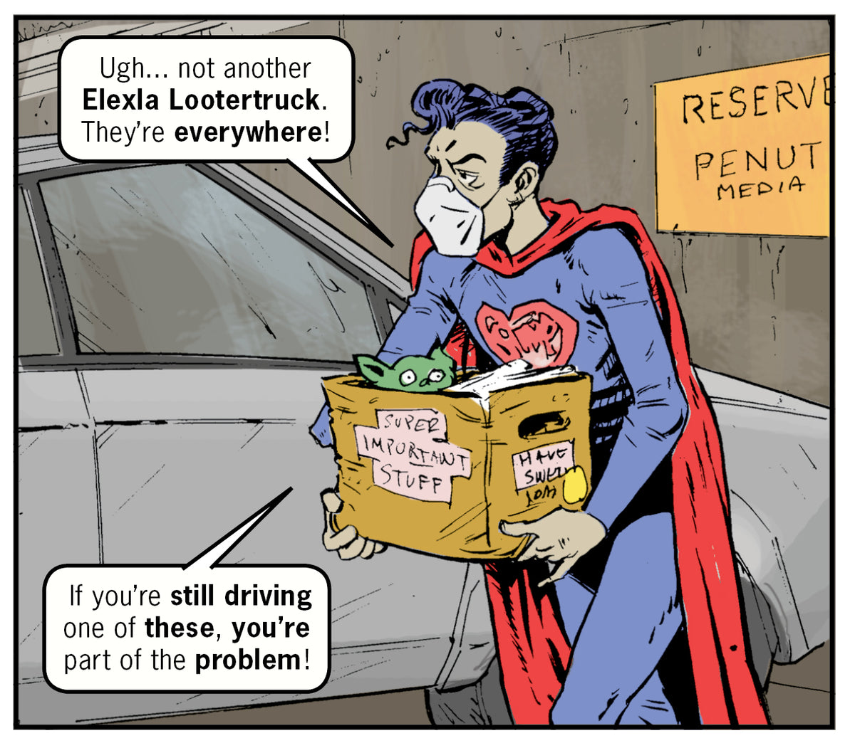 Comic strip of Superman complaining about Tesla clone Elexla Lootertruck and holding a box labeled 'Super Important Stuff'