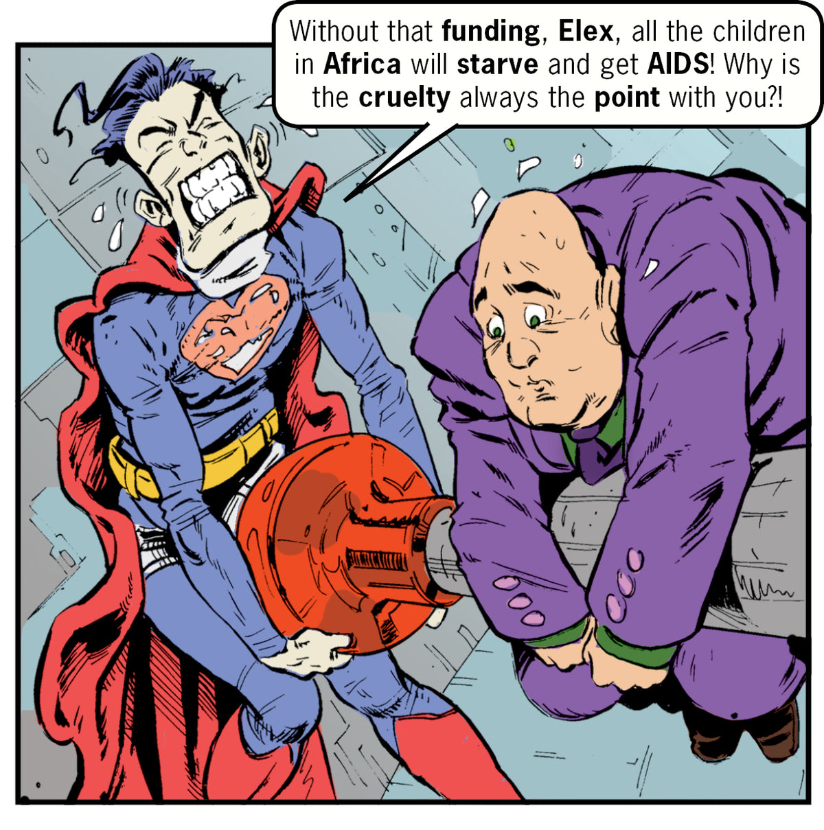 Comic strip with Superman fighting with LexLuthor over a lever, box with text about Africa and funding and AIDS