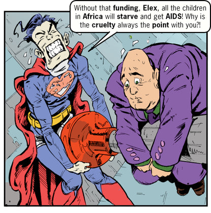 Comic strip with Superman fighting with LexLuthor over a lever, box with text about Africa and funding and AIDS