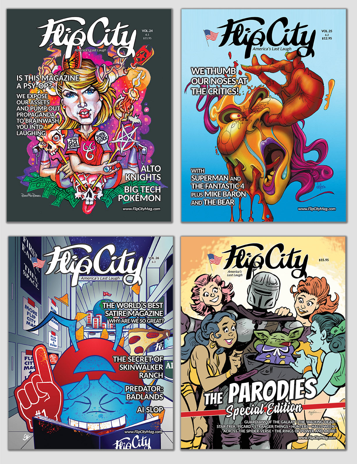 Four covers of 'Flip City' magazine featuring various satirical illustrations including 24, 25, 26, 27 The Parodies Special Edition