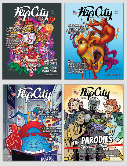Four covers of 'Flip City' magazine featuring various satirical illustrations including 24, 25, 26, 27 The Parodies Special Edition