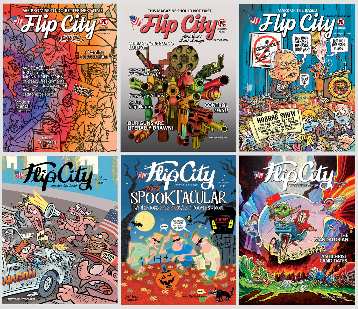A 2x3 collage of six Flip City magazine covers, each with a different colorful political cartoon illustration and title text, arranged in a clean grid on a white background.
