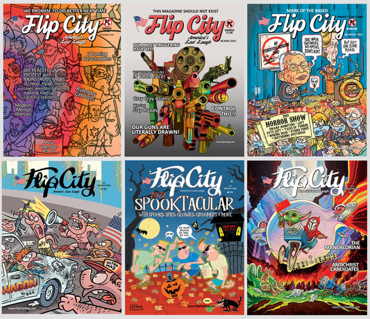 A 2x3 collage of six Flip City magazine covers, each with a different colorful political cartoon illustration and title text, arranged in a clean grid on a white background.