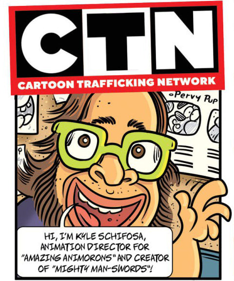 Cartoon panel for 'Cartoon Trafficking Network' with illustration of creepy pedo in glasses
