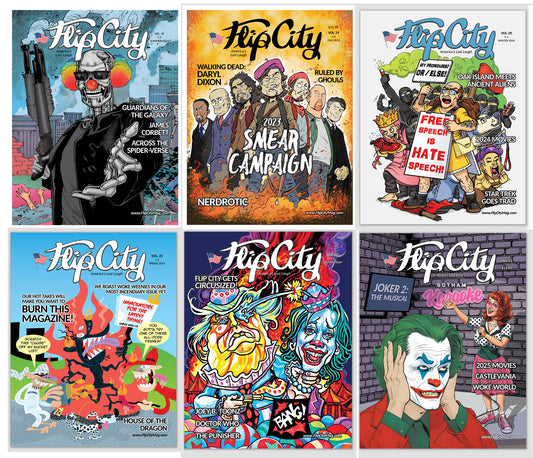 Six illustrated magazine covers from Flip City Magazine arranged in a 2x3 grid. The covers feature bold, colorful political satire artwork with different character designs and headlines, including a clown, a group of politicians, a protest scene, a fiery map, a clown with a mustache, and a Joker-themed illustration.