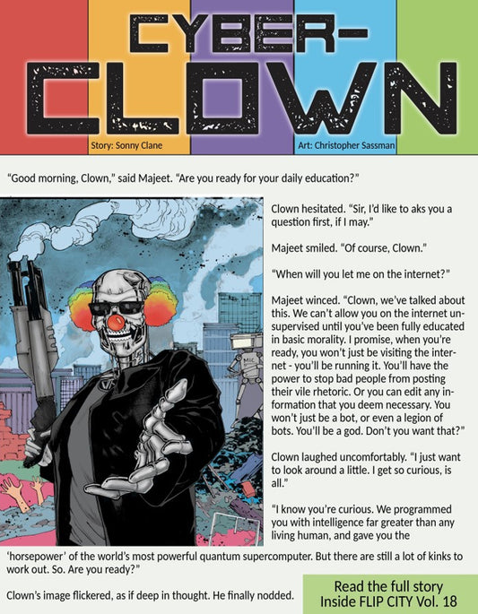 Short story 'Cyber-Clown' and CLown Terminator illustraton, story text