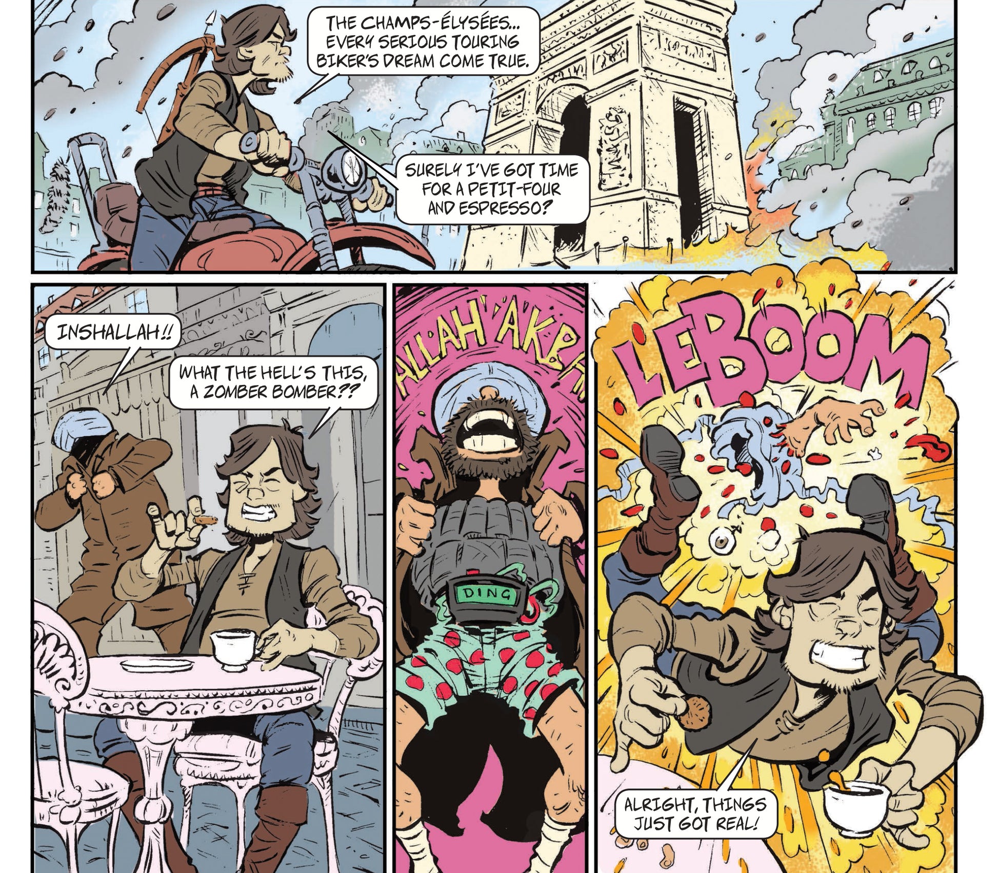 Cartoon page of The Walking Dead: Daryl Dixon parody with Islamic bomber setting off bomb yells "allahu akbar"