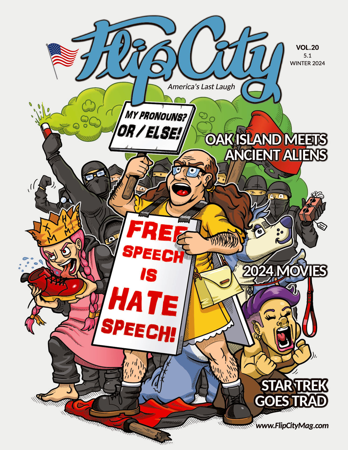 Cover of Flip City magazine with colorful illustrations and text, with LGBTQ protestors and signs 'My Promouns', "Star Trek goes trad'