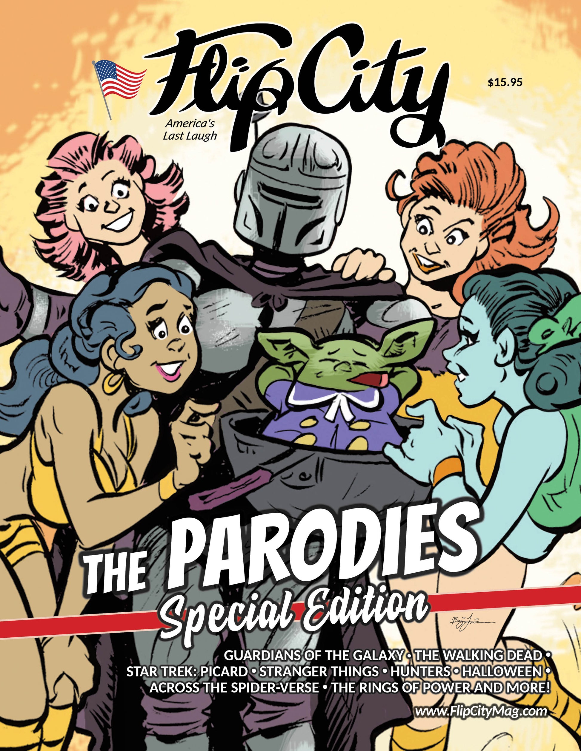 Cover of Flip City Magazine featuring cartoon characters for The Mandalorian and Grogu and pretty alien girls, with title "The Parodies Special Edition" for a collection of parodies.