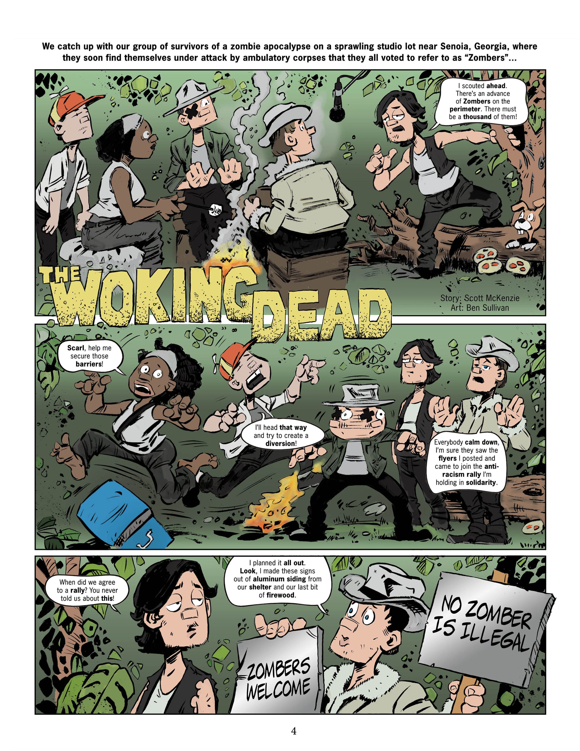 Comic page from 'The Woking Dead' a parody of 'The Walking Dead' with characters in a zombie apocalypse scenario in a forest with signs reading 'Zombers Welcome"