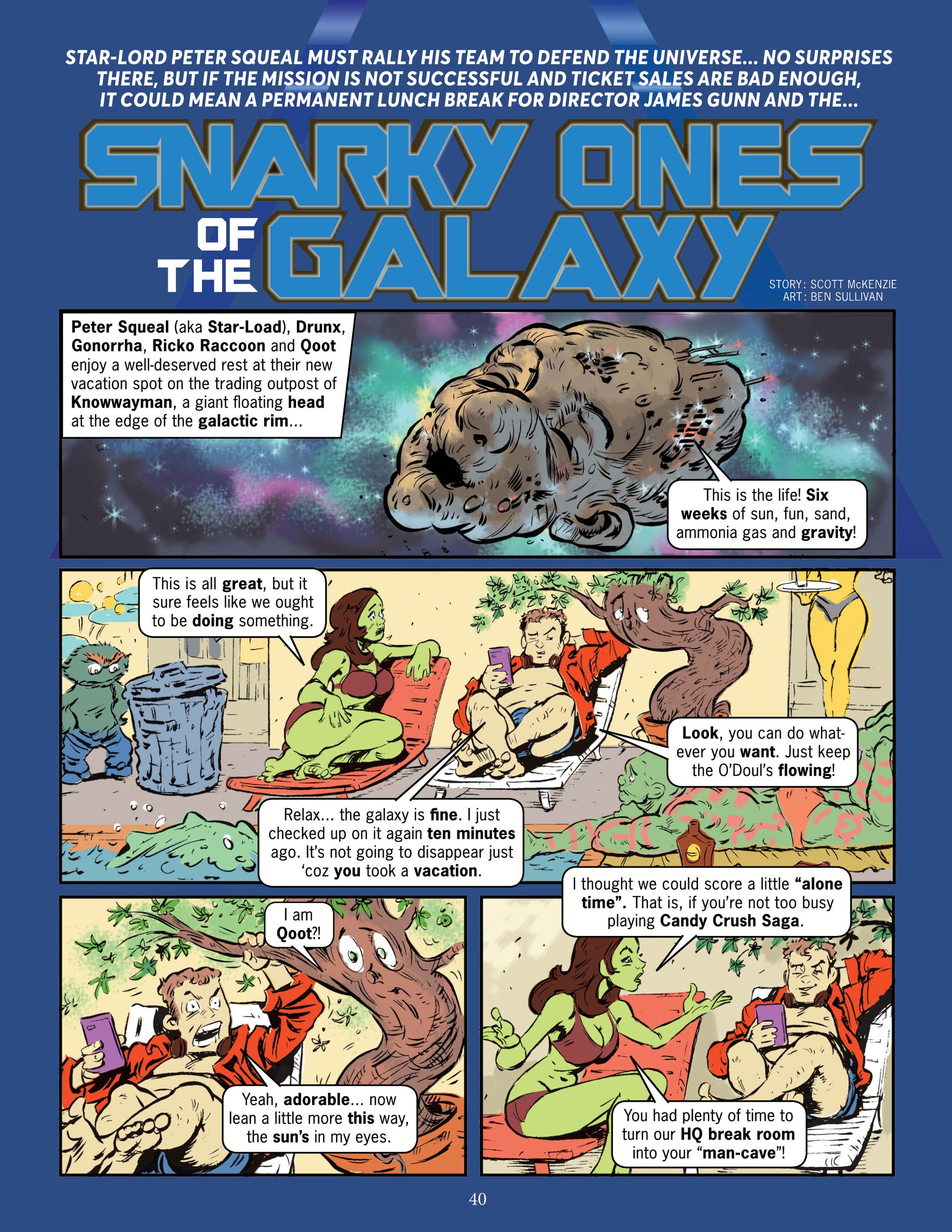 Comic book page with characters from 'Snarky Ones of the Galaxy' a parody of 'Guardians of the Galazy' on a blue background, with Groot and Starlord