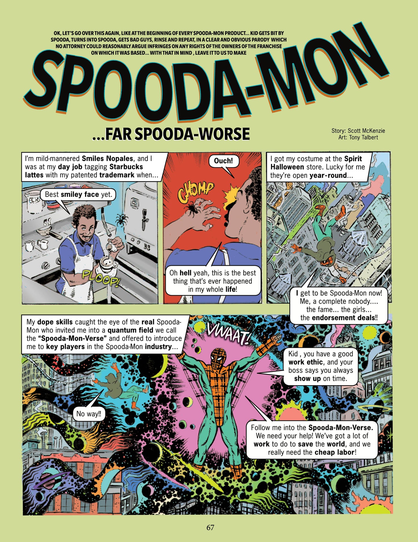 Comic page featuring 'Spooda-Mon' a parody of 'SpiderMan' with colorful panels and text, Miles Morales bitten by radioactive spider, meeting the real SpiderMan in the city