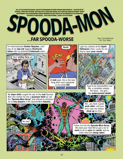 Comic page featuring 'Spooda-Mon' a parody of 'SpiderMan' with colorful panels and text, Miles Morales bitten by radioactive spider, meeting the real SpiderMan in the city