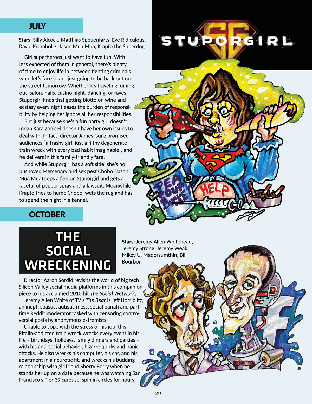 A printed magazine page featuring a two-column layout with text and illustrations. Headline title for movie 'Stuporgirl with girl drinking eer. Title for movie 'The Social Wreckening' with Jeremy Allen White and a robot