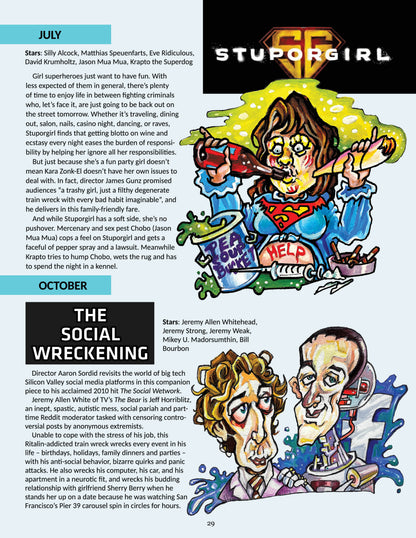 A printed magazine page featuring a two-column layout with text and illustrations. Headline title for movie 'Stuporgirl with girl drinking eer. Title for movie 'The Social Wreckening' with Jeremy Allen White and a robot