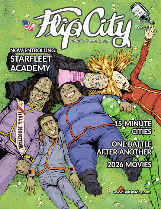 Comic book cover for Flip City Magazine 28 featuring Star Trek characters lying on grass with titles 'Now Enrolling: Starfleet Academy' and '15-Minute Cities' and 'One Battle After Another'