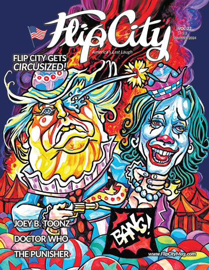 Colorful magazine cover with two clowns, Donald Trump and Kamala Harris,  and text about Flip City.