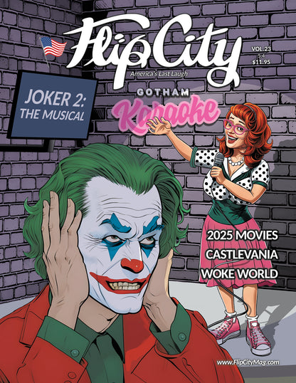 Cover of Flip City magazine featuring a  illustration of The Joker plugging ears from hearing mascot Kittky Filips sing Karaoke, in a urban setting. Satire.