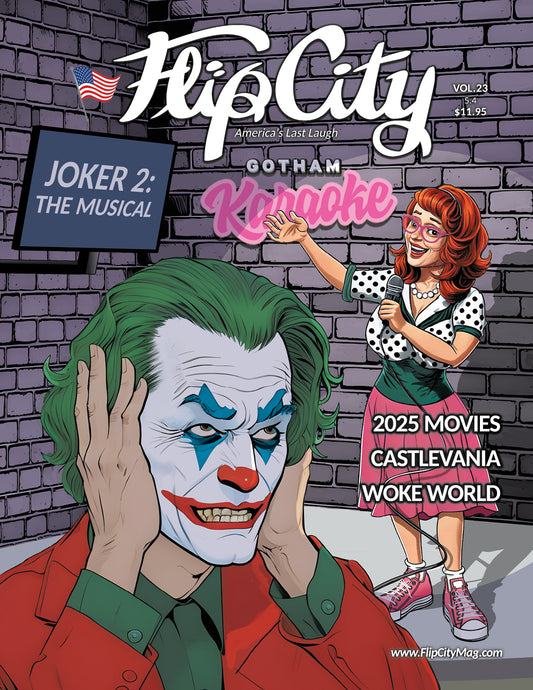 Cover of Flip City magazine featuring a  illustration of The Joker plugging ears from hearing mascot Kittky Filips sing Karaoke, in a urban setting. Satire.