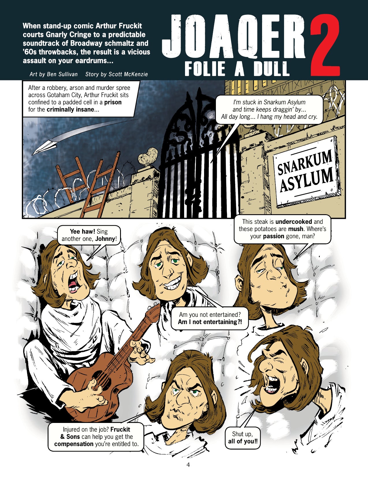 Comic book magazine page for 'Joker 2' with an insane asylum, and The Joker playing guitar and singing in a straitjacket
