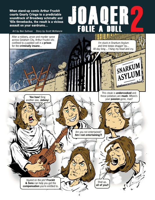 Comic book magazine page for 'Joker 2' with an insane asylum, and The Joker playing guitar and singing in a straitjacket