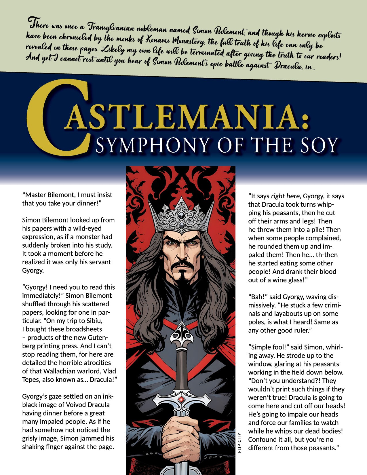 Magazine page for short story parody of Castlevania, image of Trasylvanian nobleman