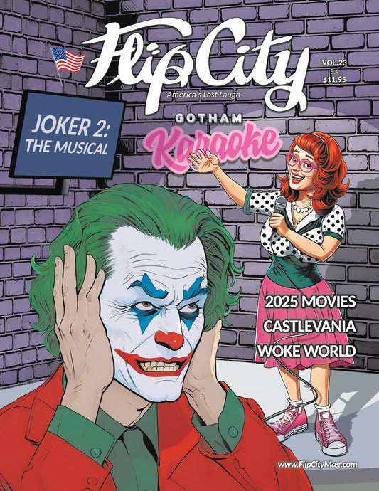 Magazine cover featuring a colorful illustration ofTHE JOKER and KITTY FILIPS Flip City mascot singing Karaoke badly. Titles 'Castlevania', 'Joker 2 The Musical'