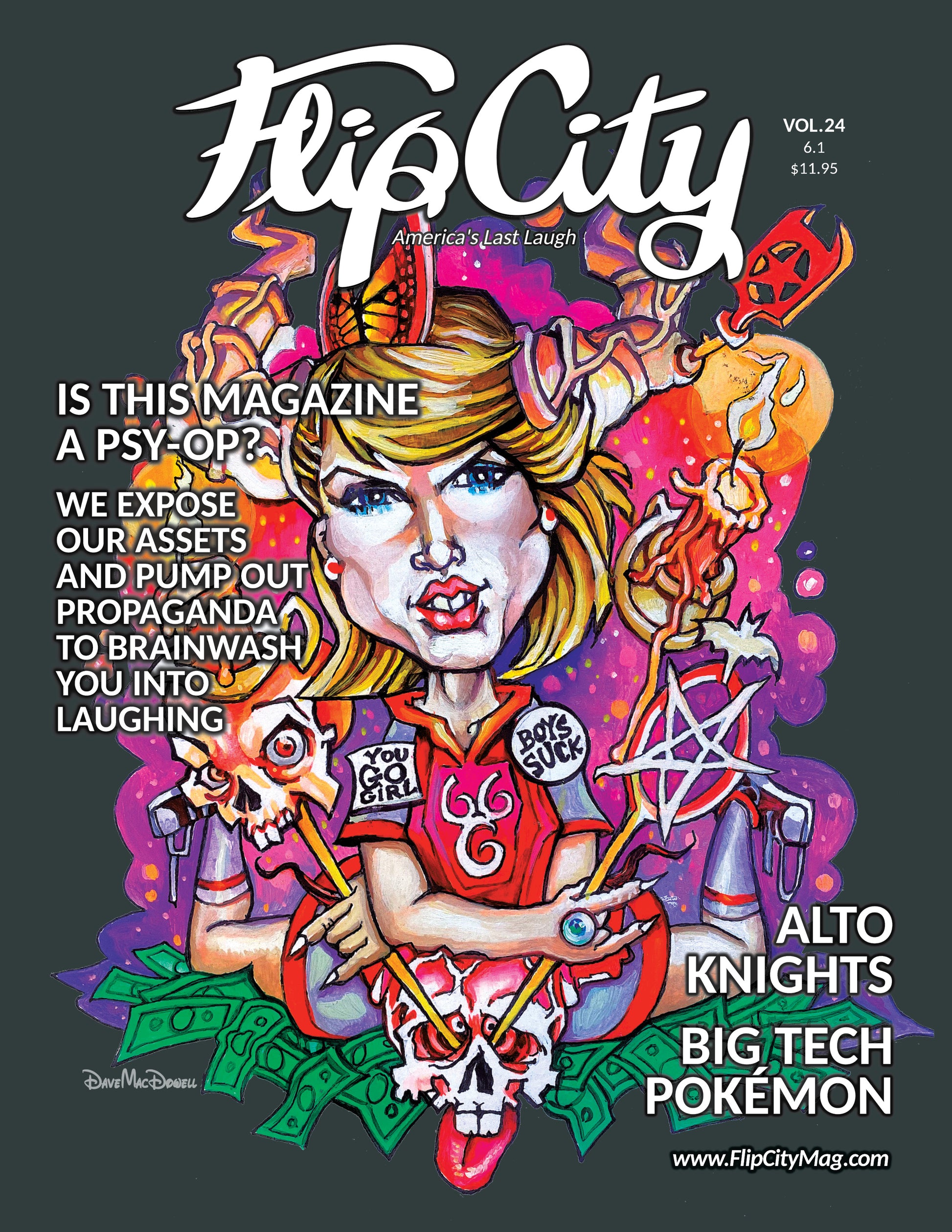 Magazine cover with colorful illustration of a character and text on a dark background with Taylor Swift, occult symbols, titles 'Alto Knights', 'Pokemon'
