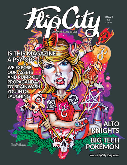 Magazine cover with colorful illustration of a character and text on a dark background with Taylor Swift, occult symbols, titles 'Alto Knights', 'Pokemon'