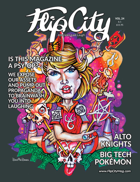 Magazine cover with colorful illustration of a character and text on a dark background with Taylor Swift, occult symbols, titles 'Alto Knights', 'Pokemon'