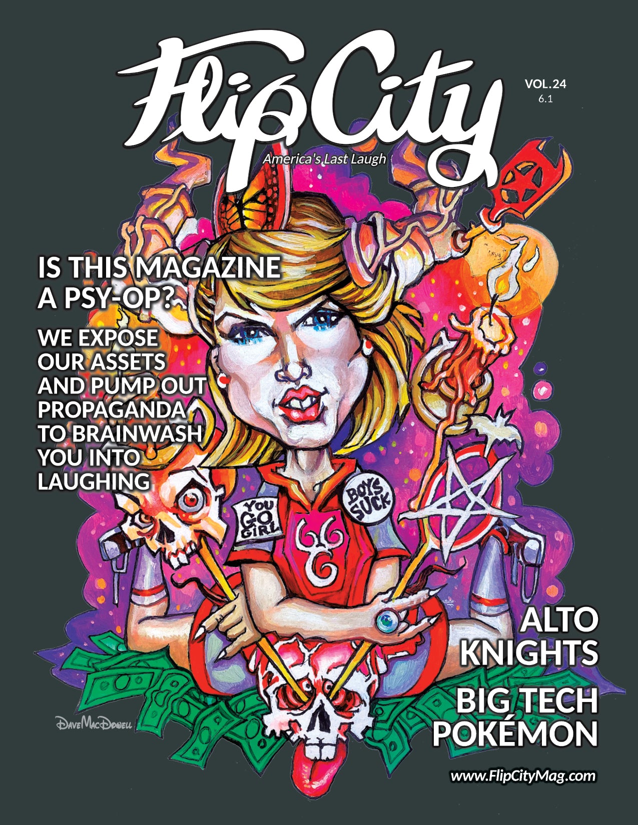 Flip City Magazine cover with colorful illustration of Taylor Swift, pentagram, skulss, candle, dollar bills, titles 'Alto Knights", 'Big Tech Pokemon', 'Psyop'