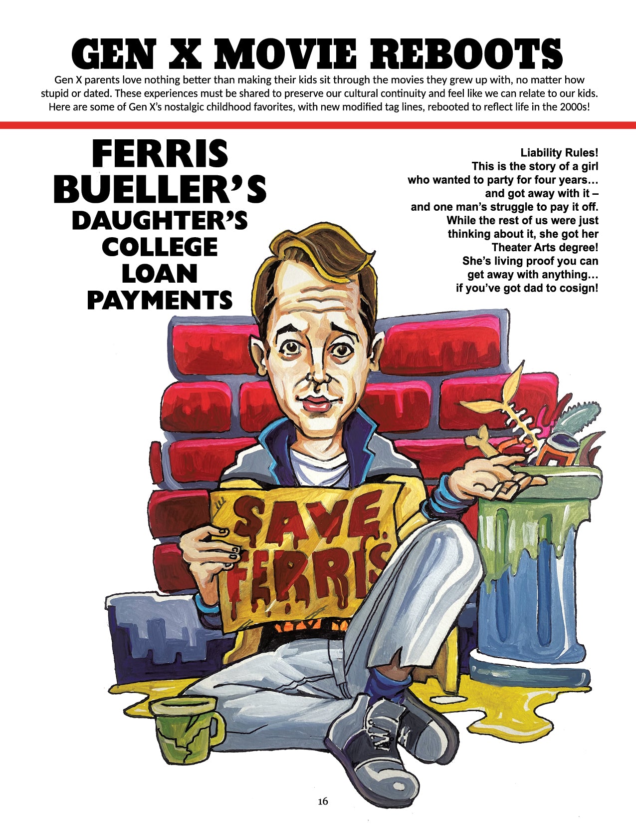Illustration of Ferris Bueller from 'Ferris Bueller's Day Off' holding a sign with 'Save Ferris' on a red couch for 'Gen X Movie Reboots'