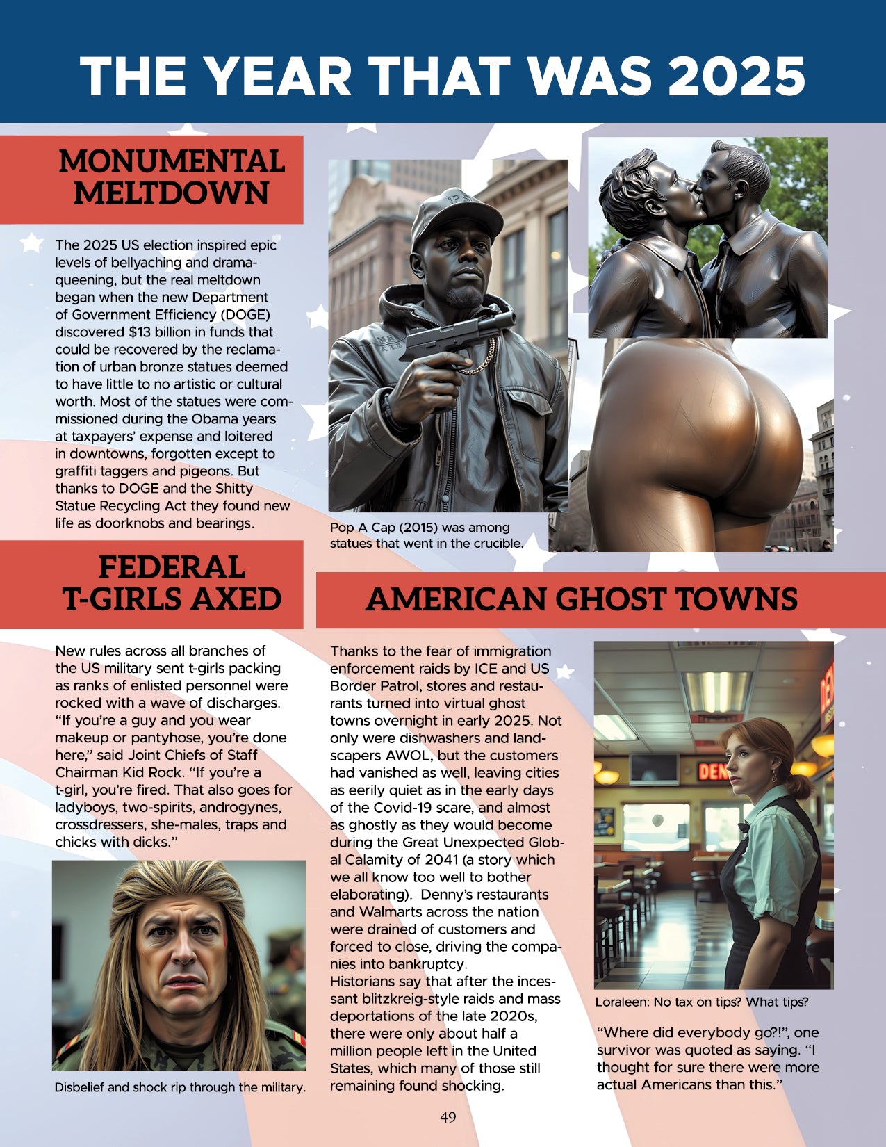 Magazine page feature about events in 2025, including bronze statues, a person with a gun, and a woman in a bar.