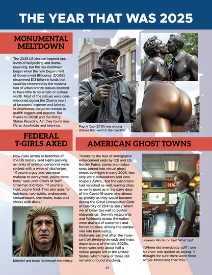 Magazine page feature about events in 2025, including bronze statues, a person with a gun, and a woman in a bar.