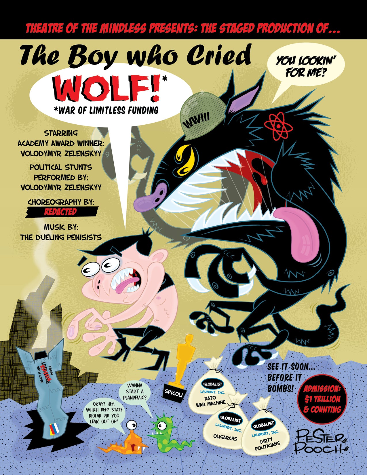 Comic-style poster for 'The Boy Who Cried Wolf!' with a cartoon wolf and boy, and text elements.