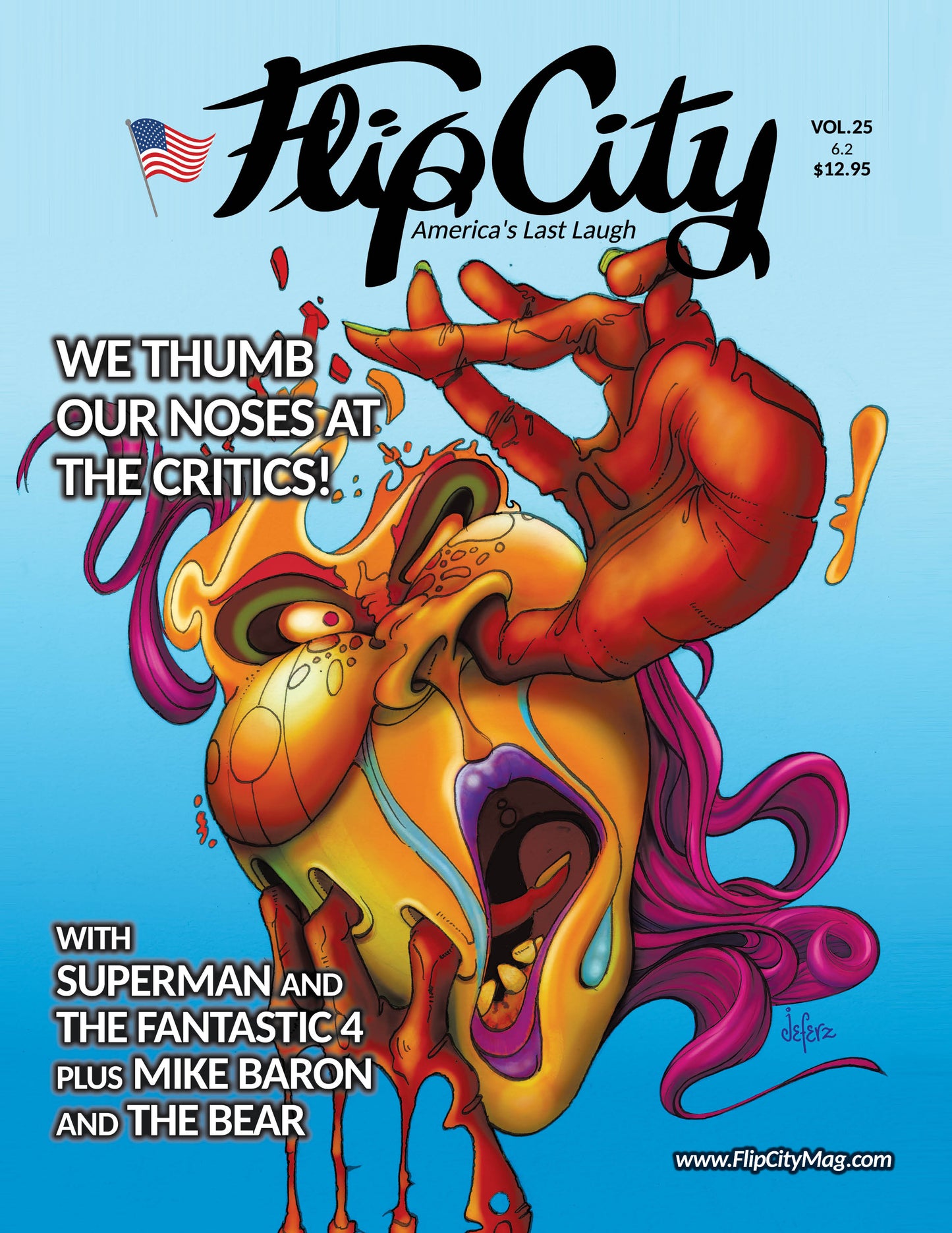 Cover of Flip City magazine with colorful illustration and text on a blue background with titles 'Superman' and 'Fantastic Four' and 'Mike Baron' and 'The Bear'
