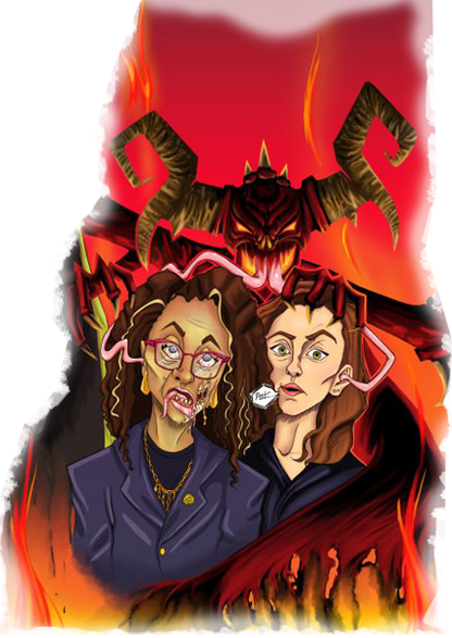 Illustration for feature 'Ruled by Ghouls' with political figures women and a demonic spider