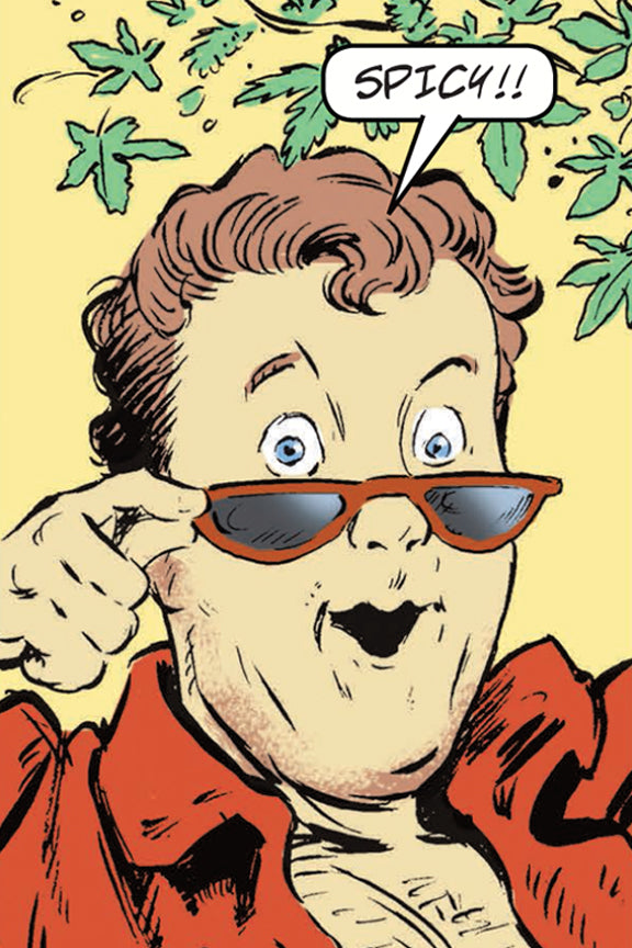 Cartoon illustrationof Starlord rom Guardians of the Galaxy looking over rim of sunglasses 'Spicy!'