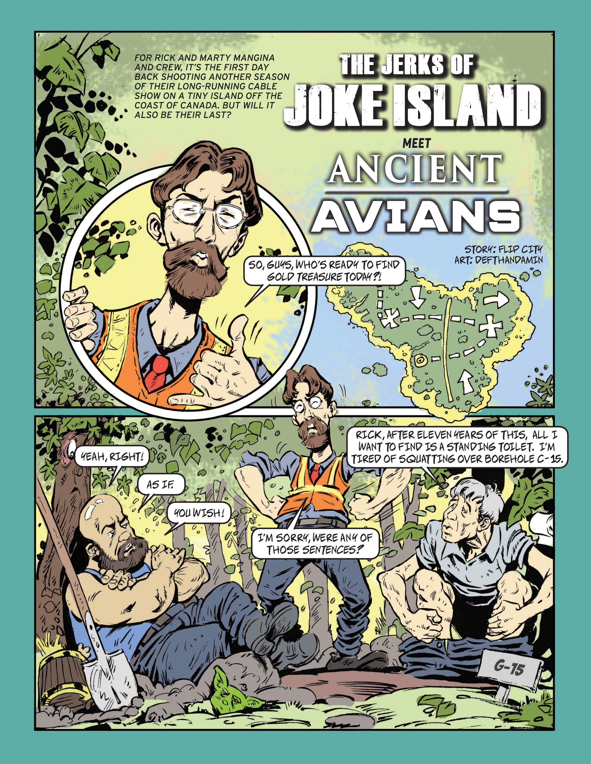 Cartoon magazine page for parody of 'The Curse of Oak Island' with Rick, Jack with a shovel. Craig Tester making a poop over a borehole