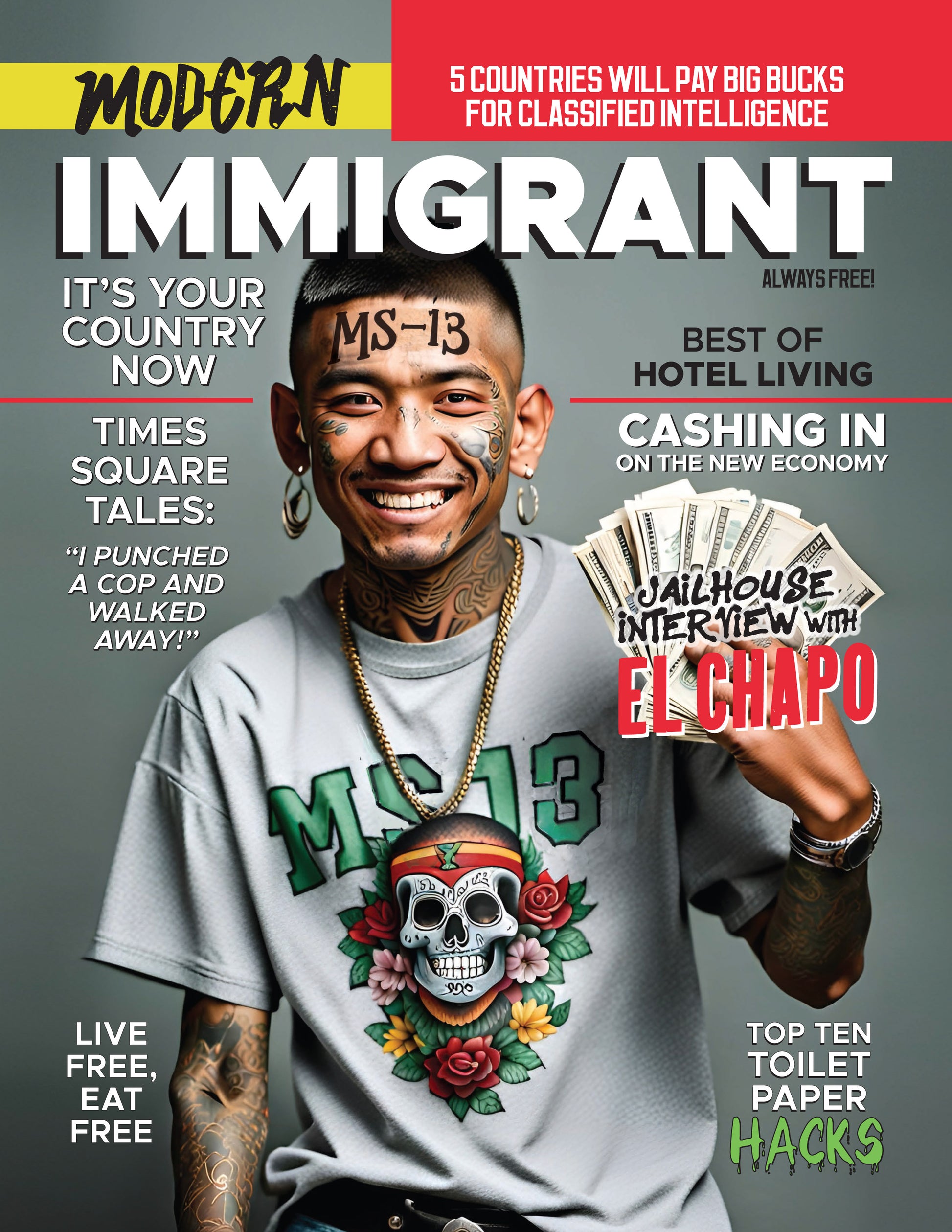 Magazine over for 'Modern Immigrant' featuring MS-3 gangster holding ollars, titles: 'Interview with El Chapo', 'It's Your Country Now'
