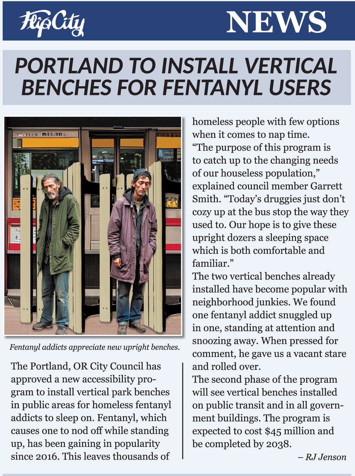News article about Portland installing vertical park benches for drug addicts with photo of junkies