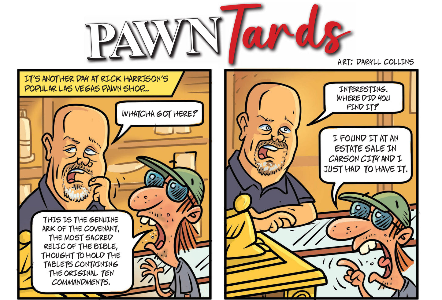 Cartoon panels for parody of 'Pawn Stars' with Rick and a customer in pawn shop