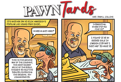 Cartoon panels for parody of 'Pawn Stars' with Rick and a customer in pawn shop