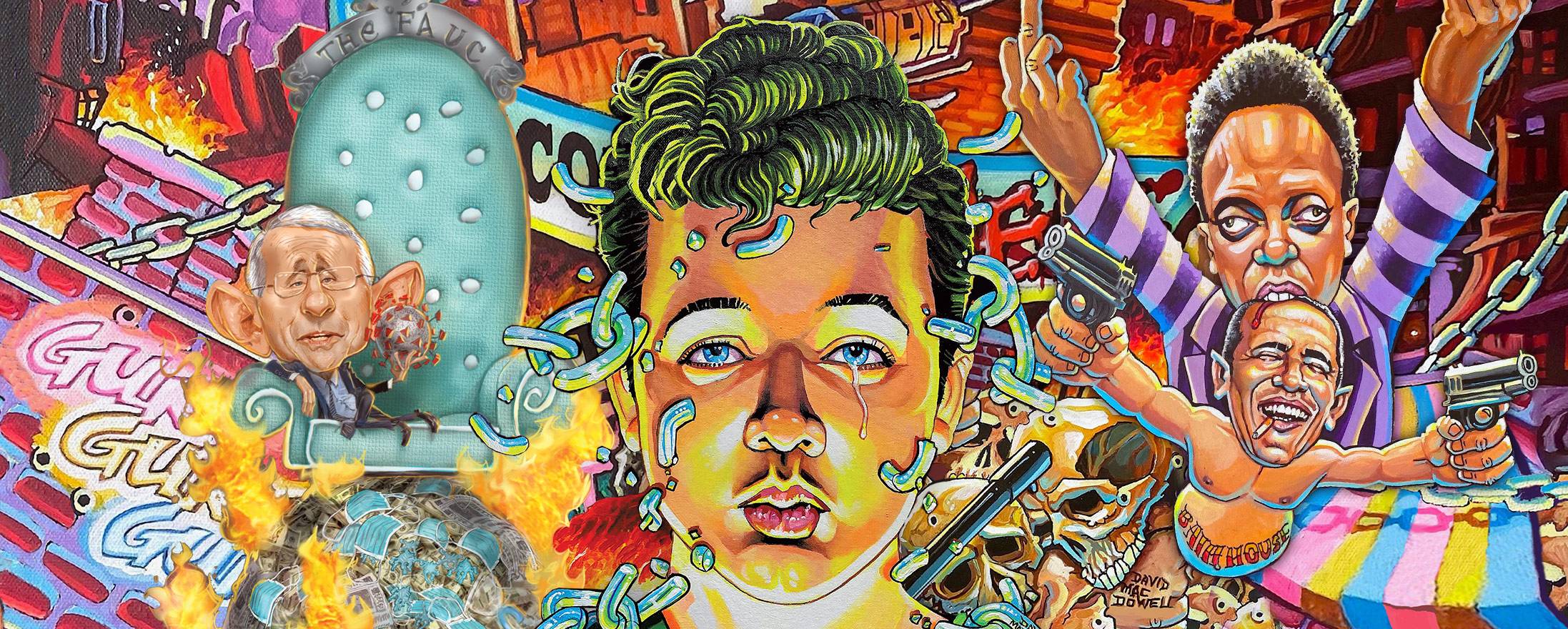 A highly detailed, colorful graffiti-style mural or canvas print  for Tee-Shirt company RISEATTIRE.COM with Kyle Rittenhouse, Lori Lightfoot, Obama